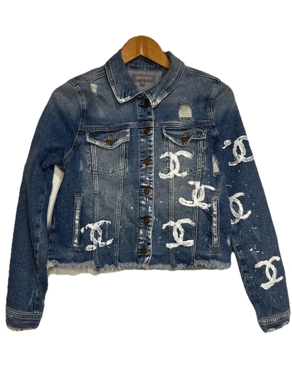 Just USA Distressed Jean Jacket Hand Painted Boutique NWT Sz L Wearable Art - Picture 2 of 13